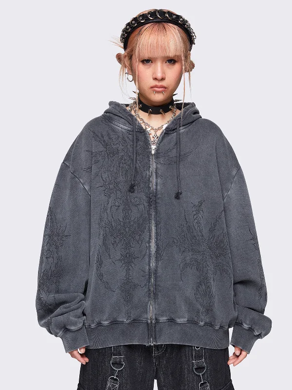Women's Vintage Garments Vintage Retro Party Wear Enigmatic Grey Wash Oversized Zip Up Hoodie Women's Vintage Garments Vintage Retro Party Wear Enigmatic Grey Wash Oversized Zip Up Hoodie