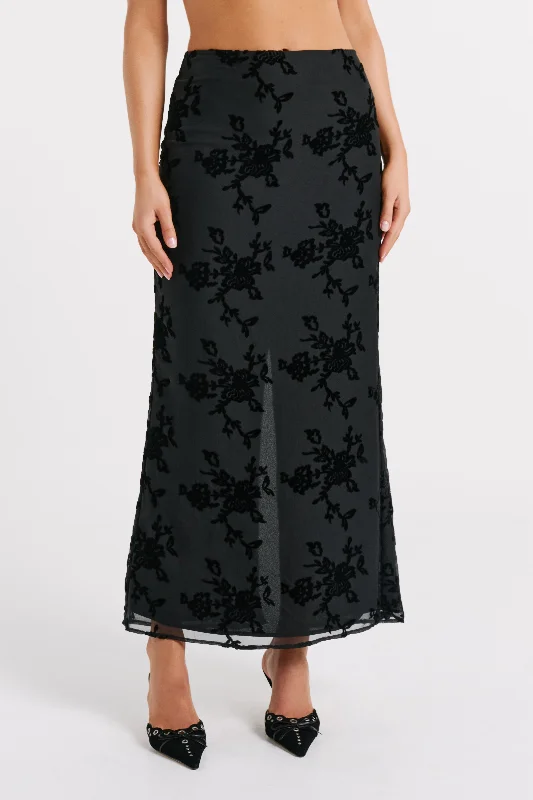 Women's Trendy Casual Outfit Everyday Fashion Mona Burnout Velvet Maxi Skirt - Black Women's Trendy Casual Outfit Everyday Fashion Mona Burnout Velvet Maxi Skirt - Black