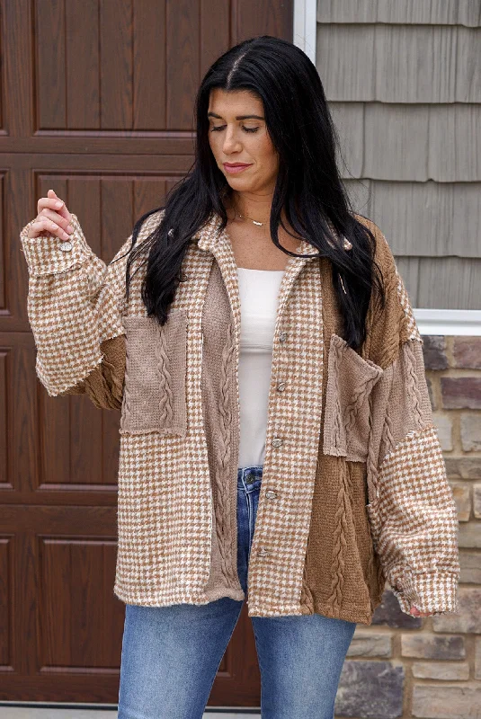 Women's Elegant Formal Outfit Stupidly Low Prices Mocha Houndstooth Colorblock Sweater Shacket Women's Elegant Formal Outfit Stupidly Low Prices Mocha Houndstooth Colorblock Sweater Shacket
