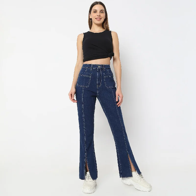 Women's Occasion Wear Clothes Daily Essentials Solid Full-Length Bootcut High Rise Jeans with Patch Pocket & Front Slit Women's Occasion Wear Clothes Daily Essentials Solid Full-Length Bootcut High Rise Jeans with Patch Pocket & Front Slit