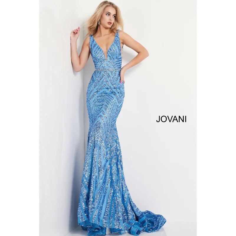 Casual Garments For Women Bold Patterns Jovani 03570 Light Blue Plunging Neck Sleeveless Prom Dress