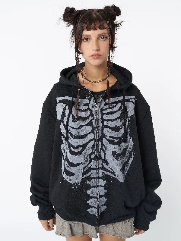 Women's Everyday Garments Feminine Soft - Hued Look Skeleton Black Oversized Zip Up Hoodie Women's Everyday Garments Feminine Soft - Hued Look Skeleton Black Oversized Zip Up Hoodie