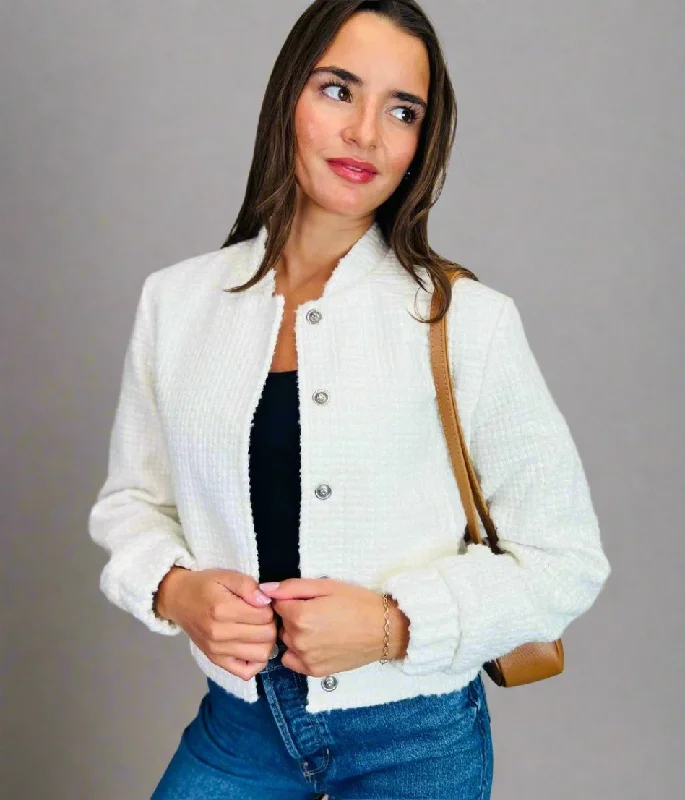 Women's Casual Wear Clothing Limited Time Offers Ivory Boucle Bomber Jacket