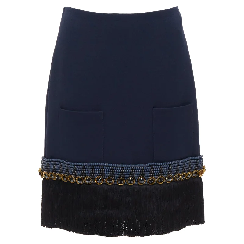 Women's Luxury Garments Alluring Design Marni Bead Crystal Fringe Embellished Hem Knee Skirt Women's Luxury Garments Alluring Design Marni Bead Crystal Fringe Embellished Hem Knee Skirt