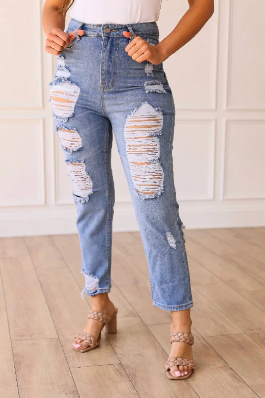 Women's Everyday Attire Pastel Styles The Savannah Mid Rise Straight Fit Distressed Denim In Medium Wash