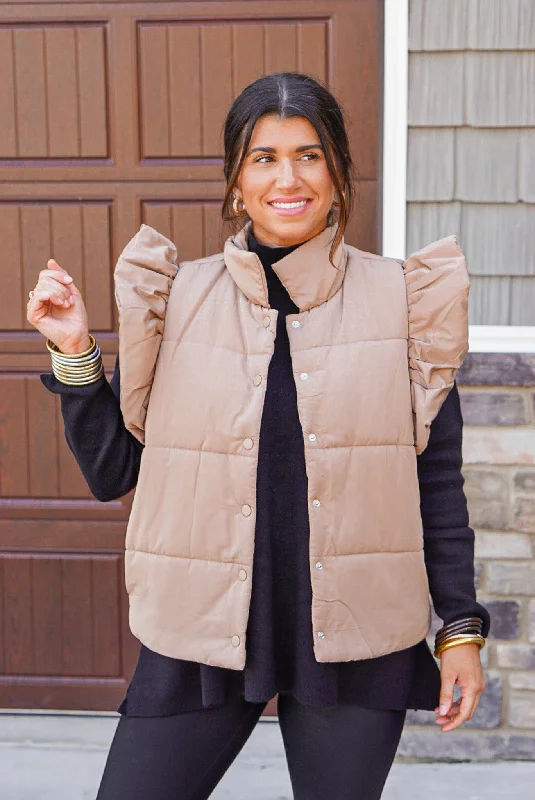 Women's Formal Event Attire Trendy Threads Ruffled Puffer Caramel Quilted Vest