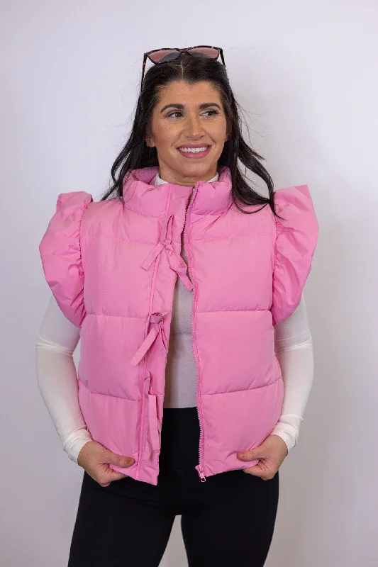 Casual Apparel For Women Parisian Effortless Chic Style Ruffled Charm Pink Puffer Vest Casual Apparel For Women Parisian Effortless Chic Style Ruffled Charm Pink Puffer Vest