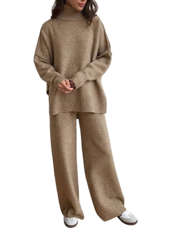 Women's Casual Wear Clothes Stylish Savings Lounge Sweater Set In Khaki