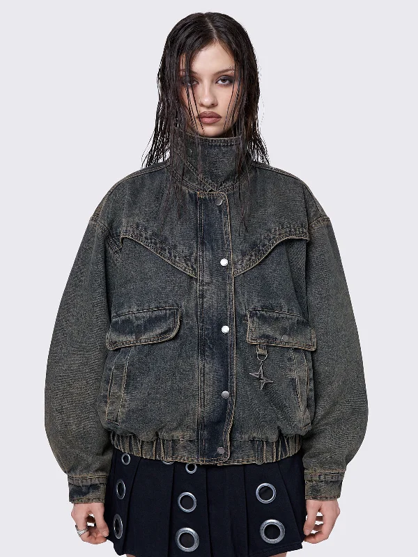 Women's Fashion Clothes Spring Fashion Joy Blue Denim Bomber Jacket
