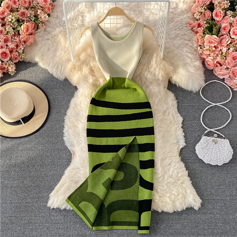 Stylish Women's Garments Alluring Design Sweet knit bag hip split dress sleeveless  2751