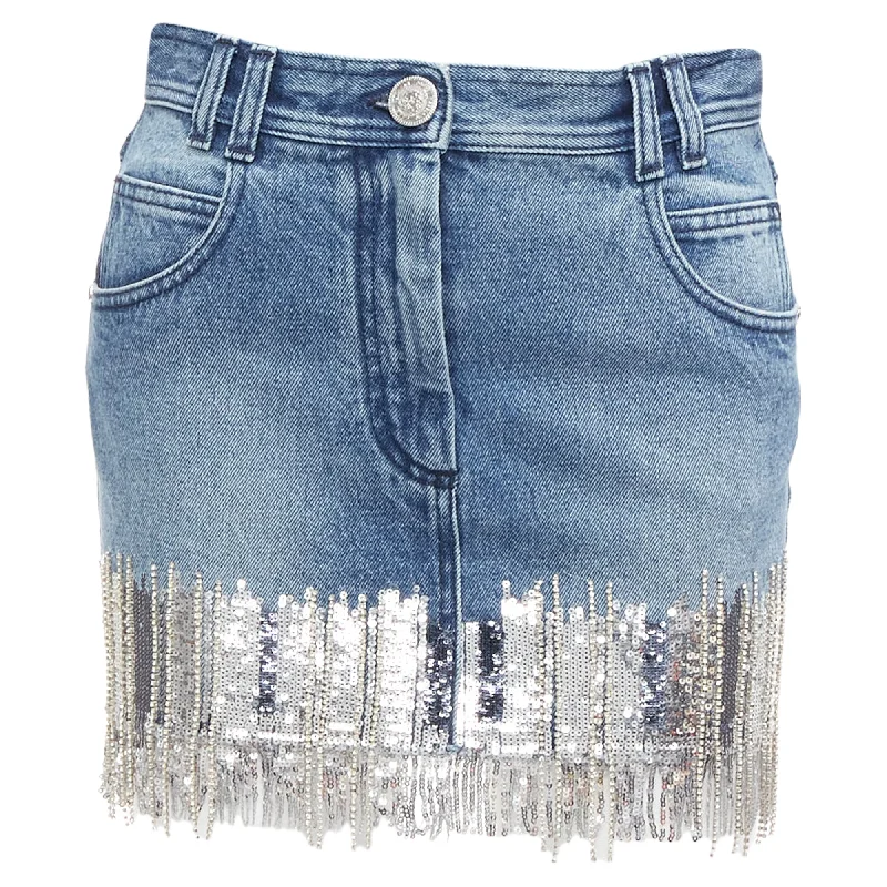 Vintage-Inspired Women's Clothes Casual Chic Balmain Washed Denim Silver Crystal Sequins Fringe Mini Skirt Vintage-Inspired Women's Clothes Casual Chic Balmain Washed Denim Silver Crystal Sequins Fringe Mini Skirt