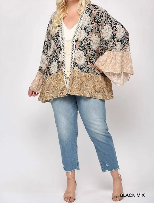 Modern Women's Clothes Urban Femme Streetwear Floral And Paisley Print Mix Kimono - Plus In Black Multi