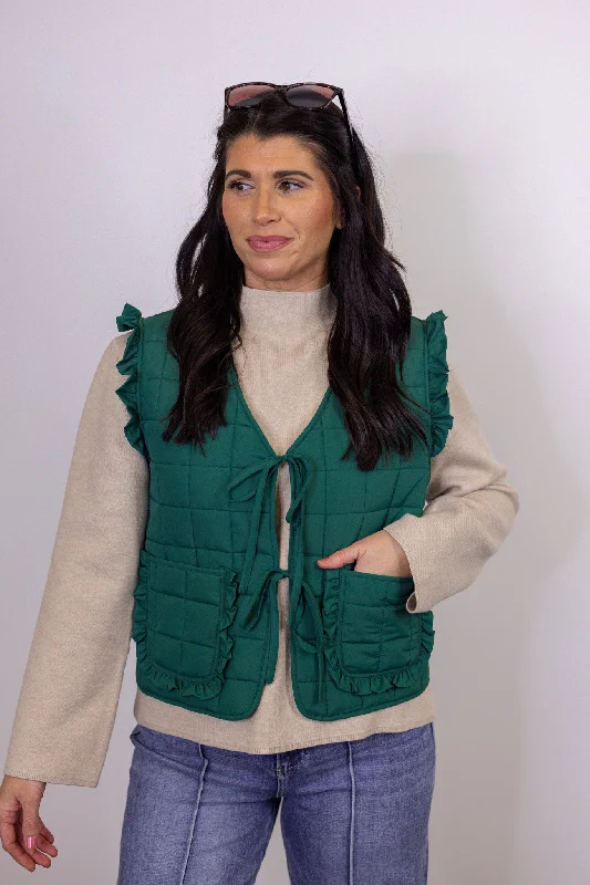 Luxury Women's Clothes Elevate Your Wardrobe Ruffled Up Green Puffer Vest