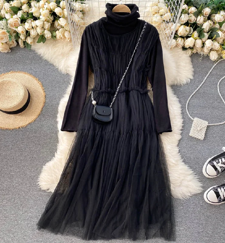 Women's Fashionable Clothing Sets All Season Basics Discount Stylish high neck bottoming shirt + sleeveless tulle dress two piece sets  1315