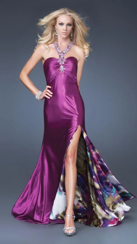 Women's Professional Clothes Low Price Special La Femme - Sleeveless Embellished Halter Satin Dress 16110