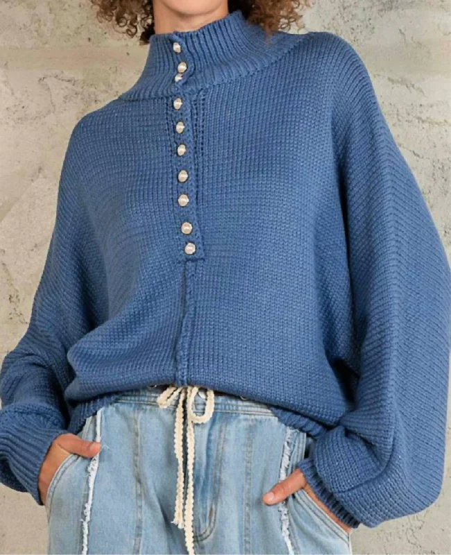 Women's Elegant Clothes Premium Fashion Pearl Button Pullover Sweater In Blue