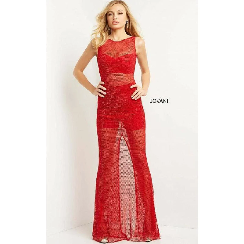 Women's Festive Attire Luxury Comfort Jovani Red Illusion Sleeveless Sexy Prom Dress 08551