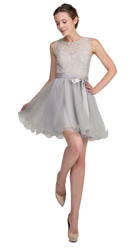 Women's Stylish Vacation Attire Trend Forward Threads For Her Dancing Queen - 8741SC Sleeveless Lace Bodice Tulle A-line Dress