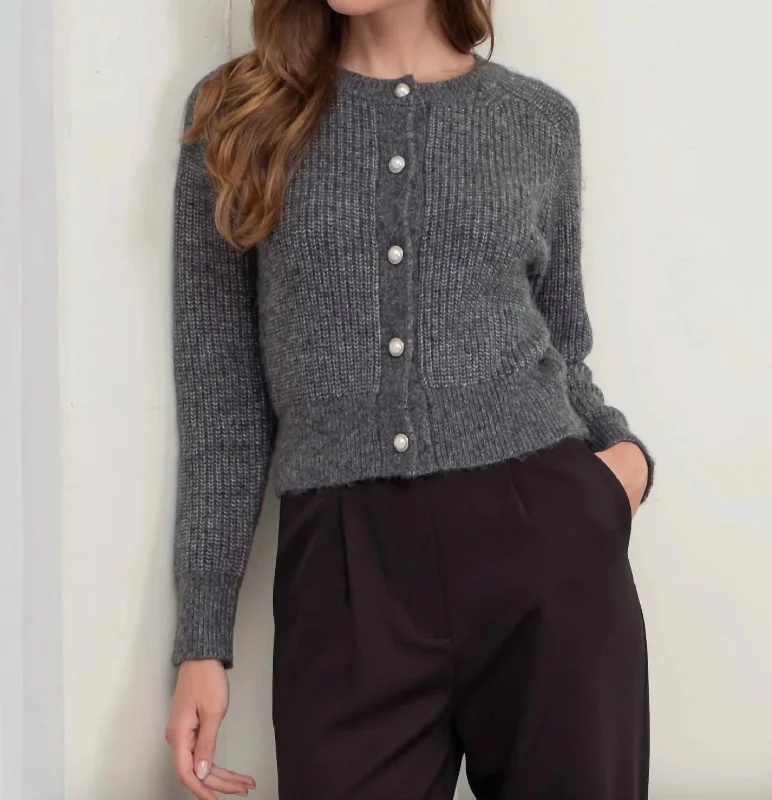 Women's Clothes For Work Events Elegant Styles Crew Pearl Button Cardigan In Charcoal Women's Clothes For Work Events Elegant Styles Crew Pearl Button Cardigan In Charcoal