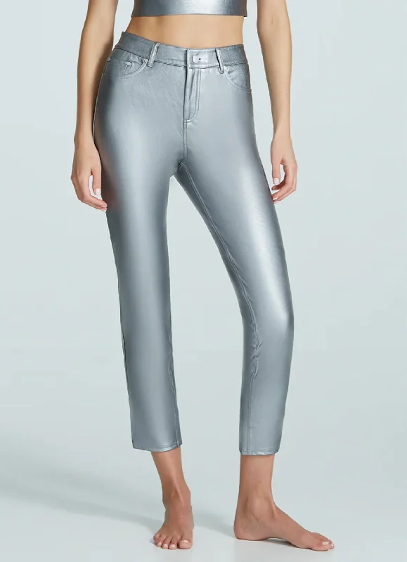 Fashionable Women's Casual Apparel Attire Sale Faux Leather Five Pocket Pant In Platinum Fashionable Women's Casual Apparel Attire Sale Faux Leather Five Pocket Pant In Platinum